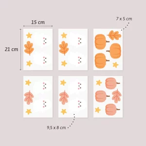 Illustrasjon av seks forskjellige design for navnelapper med høsttema, inkludert spøkelser, gresskar, blader og stjerner. Lappene kommer i størrelsene 15x21 cm, 9,5x8 cm og 7x5 cm. Perfekt for personlig tilpasning med egne navn.