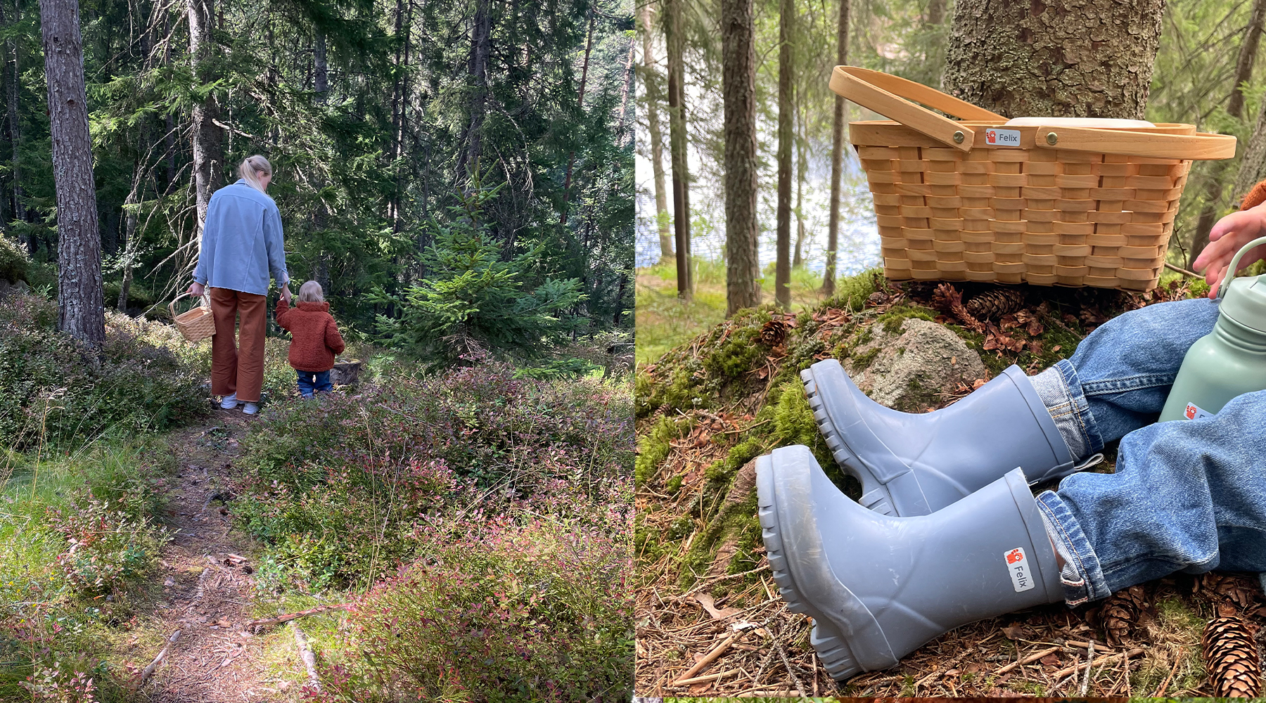Familie på skogstur og barn med støvler og kurv