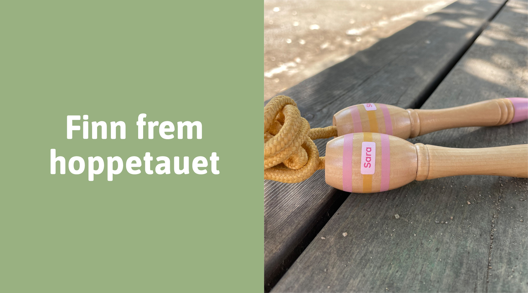 Nærbilde av hoppetau med navnelapp