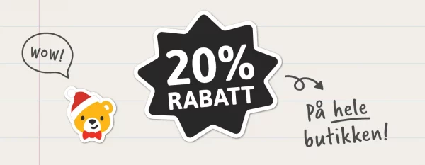 Banner illustrert med et bamsehode med nisselue som viser tommel opp, med en stjerne hvor det står "20% rabatt på hele butikken" med bamse-fotspor ved siden av.