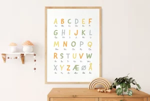 Plakat med fargerik alfabetdekor for barnerom, stilfullt innrammet, plassert over en trekommode med en plante og regnbueformet treleke.