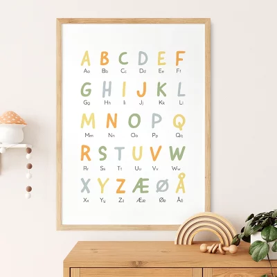 Plakat med fargerik alfabetdekor for barnerom, stilfullt innrammet, plassert over en trekommode med en plante og regnbueformet treleke.