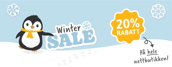 Vinterkampanje med en søt pingvin i skjerf, snøfnugg og 20% rabatt på hele sortimentet med navnelapper, veggdekor, plakater for barnerom og bursdagskort.