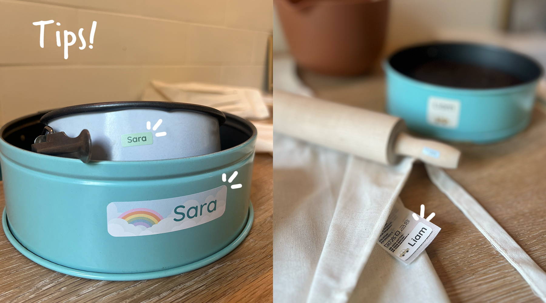 Bilde av kjøkkenutstyr med personlige navnelapper. Kakeformen og kjevlen er merket med navnelapper for enkel identifisering, ideelt for organisering på kjøkkenet.