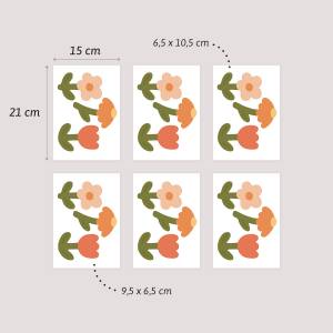 Fargeglade blomster veggdekor. Viser størrelse av blomstene du kan klistre på veggen.