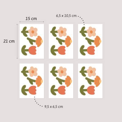 Fargeglade blomster veggdekor. Viser størrelse av blomstene du kan klistre på veggen.