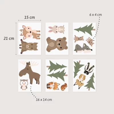 Et sett med veggdekor for barnerommet, med søte dyremotiver som elg, rev, bjørn og kanin samt trær.