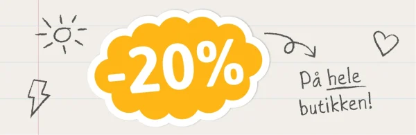 Bilde med annonse for Back 2 School-kampanje, hvor det tilbys 20% rabatt på hele butikken. Bakgrunnen har en skoletema-design med skisserte symboler som stjerner, skyer, noter og hjerter, som gir en lekende og barnslig atmosfære. Ideal for markedsføring av produkter som navnelapper, veggdekor, plakater og bursdagskort.